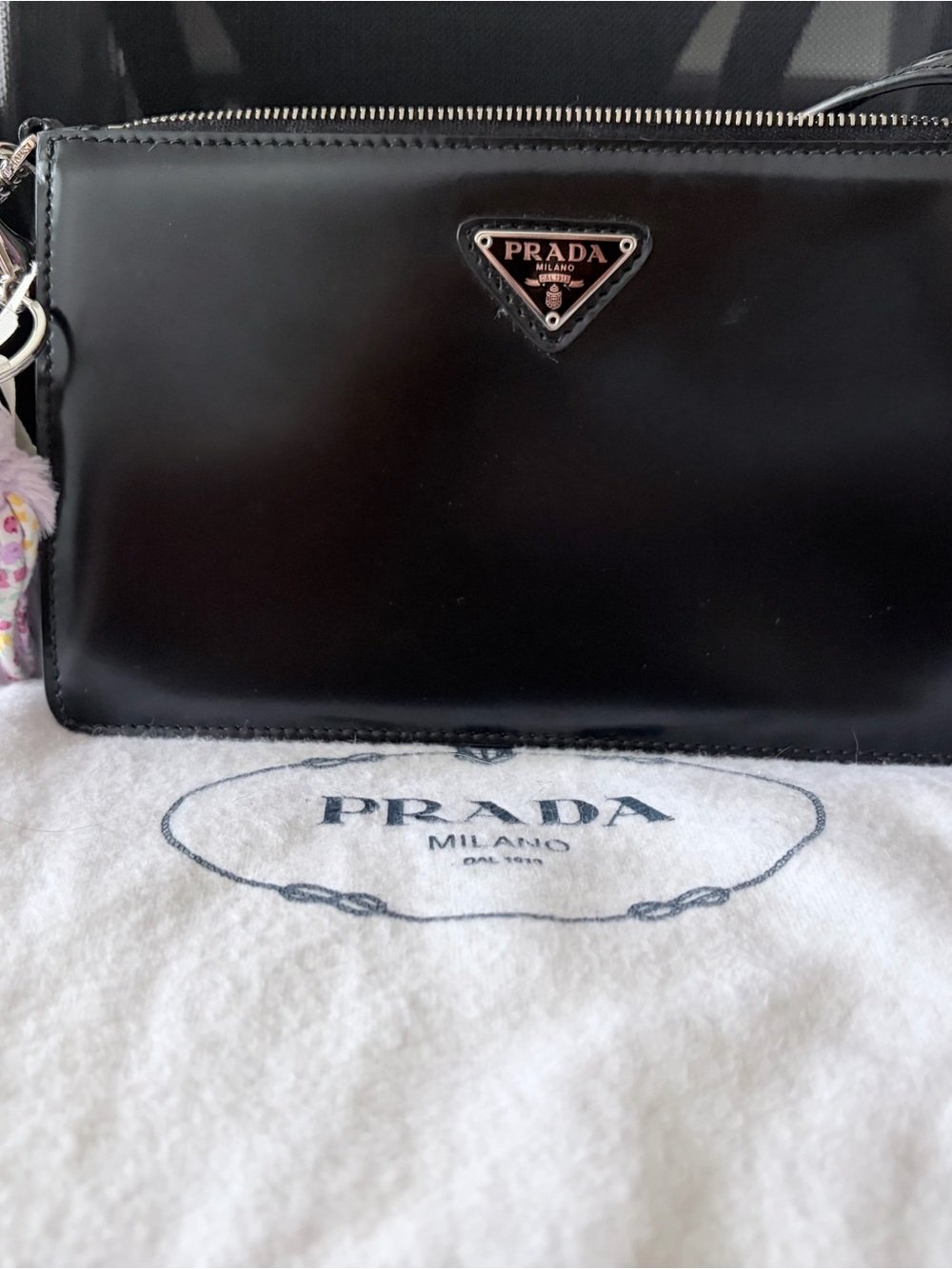 Prada Black Patent Leather handbag with Silver-Tone Logo